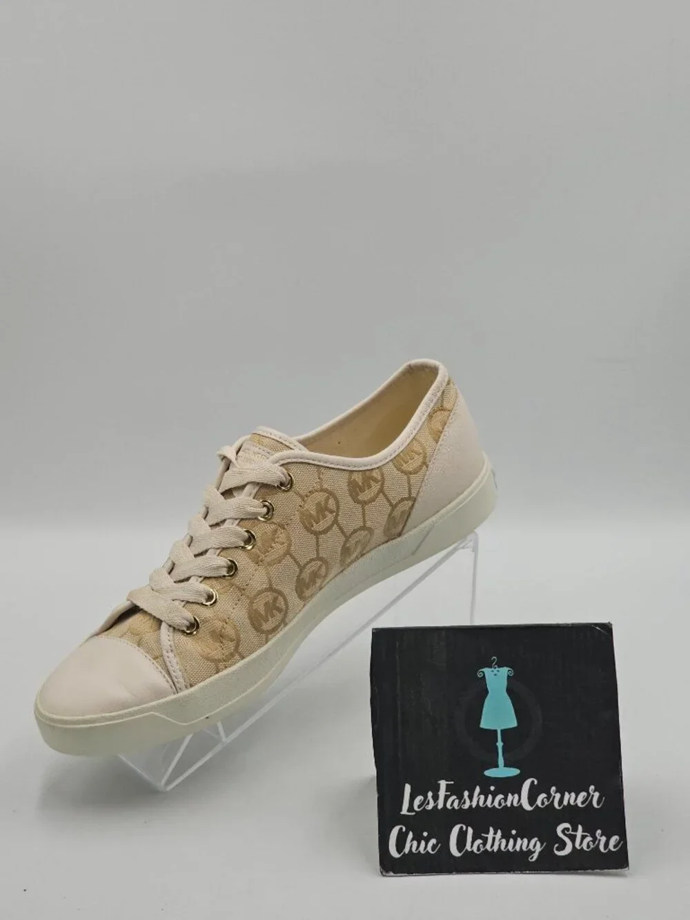 Michael Kors Women's Beige Monogram Jacquard Leather Trim Sneakers Size 9 3771